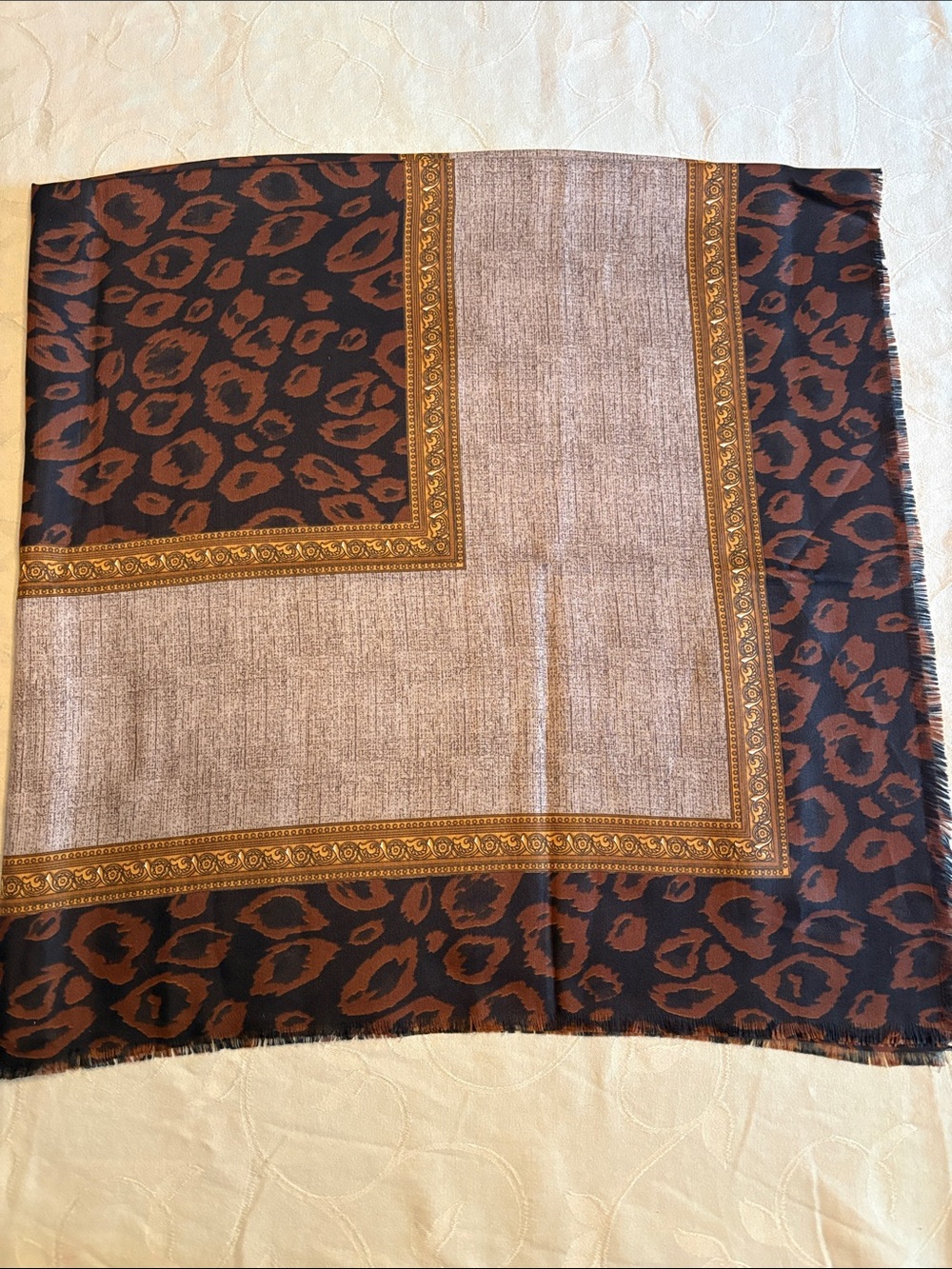 Designer-Inspired Leopard Border shawl/scarf/wrap - Brown